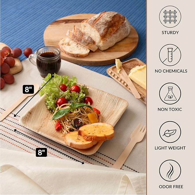 Luxe Designs Palm Leaf Plate - Eco-Friendly Disposable Dinnerware - Heavy-Duty Compostable & Biodegradable - Microwave & Oven Safe - 8" Set of 50