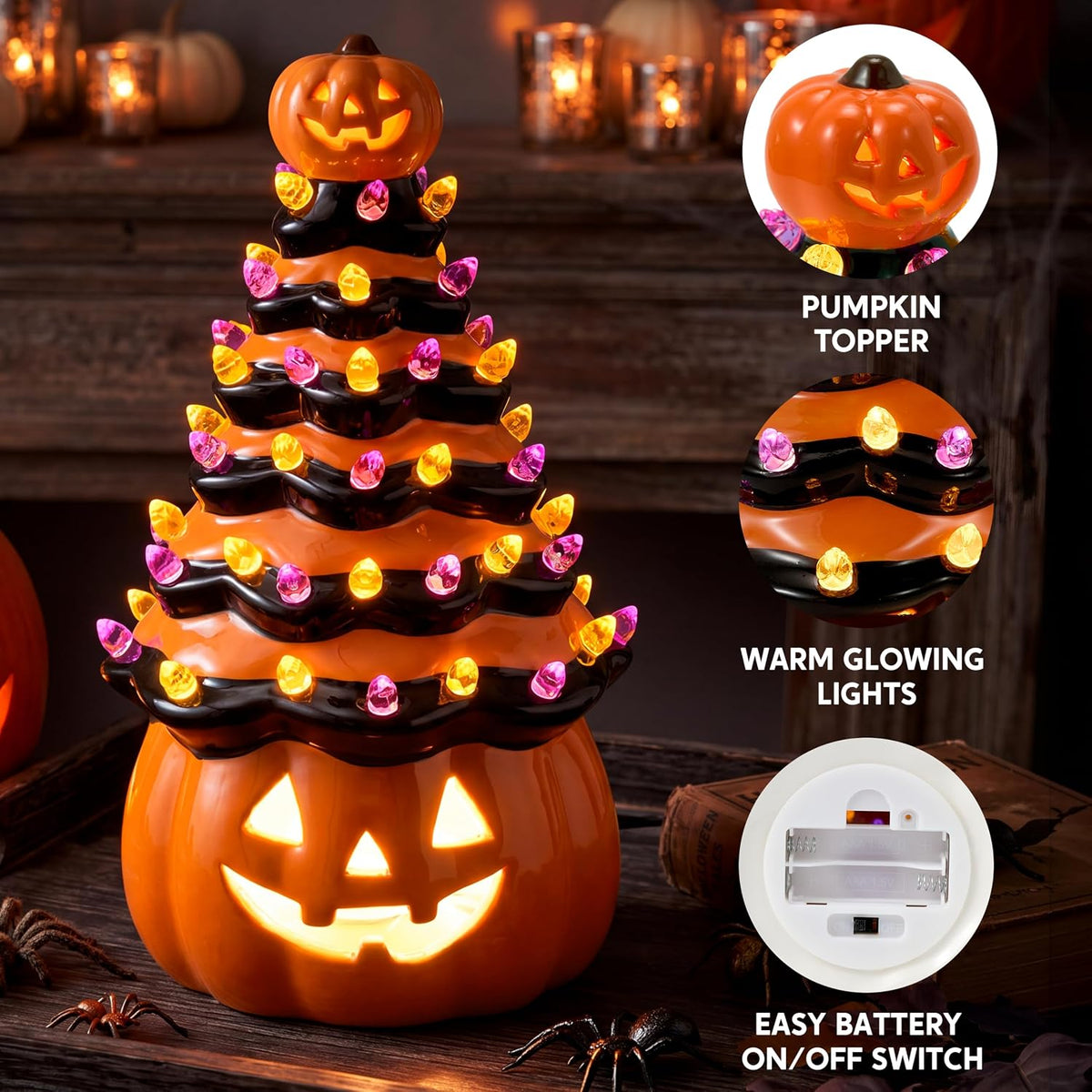 JOYIN 8.5 Inch Halloween Orange Pumpkin Ceramic Tree with Multicolor Bulbs, L...