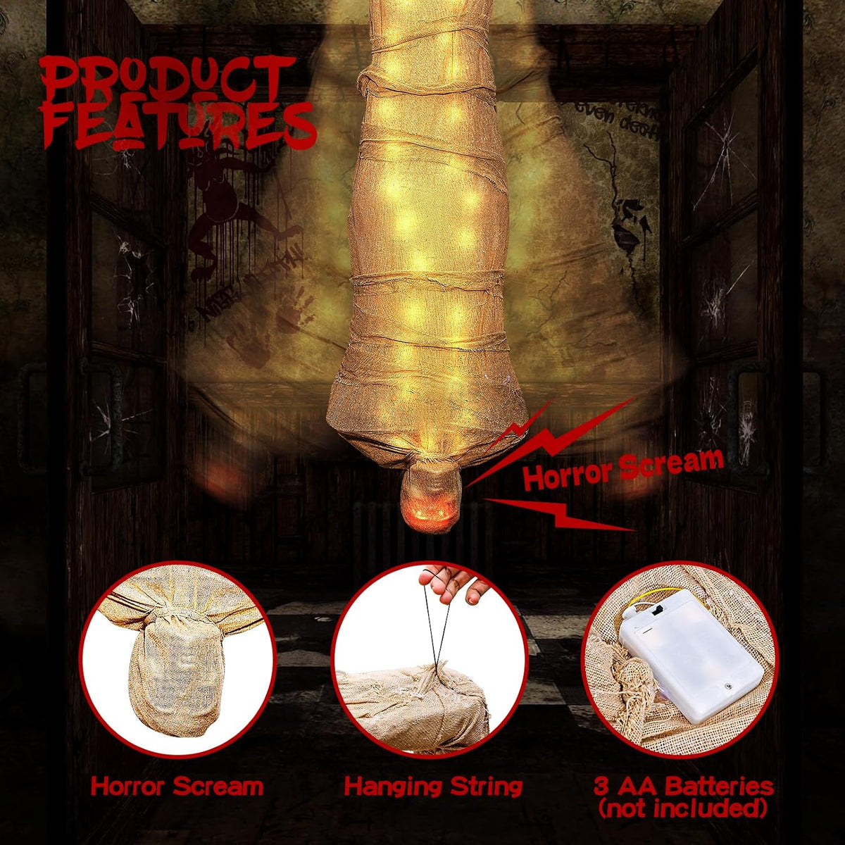 68" Halloween Hanging Cocoon Corpse Prop Sound Activated Scary Animated ...
