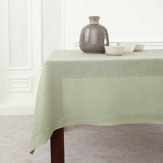 Solino Home Linen Sage Green Tablecloth 60 x 132 Inch - Classic Hemstitch, 100% Pure Linen Rectangular Tablecloth - Machine Washable Table Cloth for Fall, Autumn, Thanksgiving, Christmas