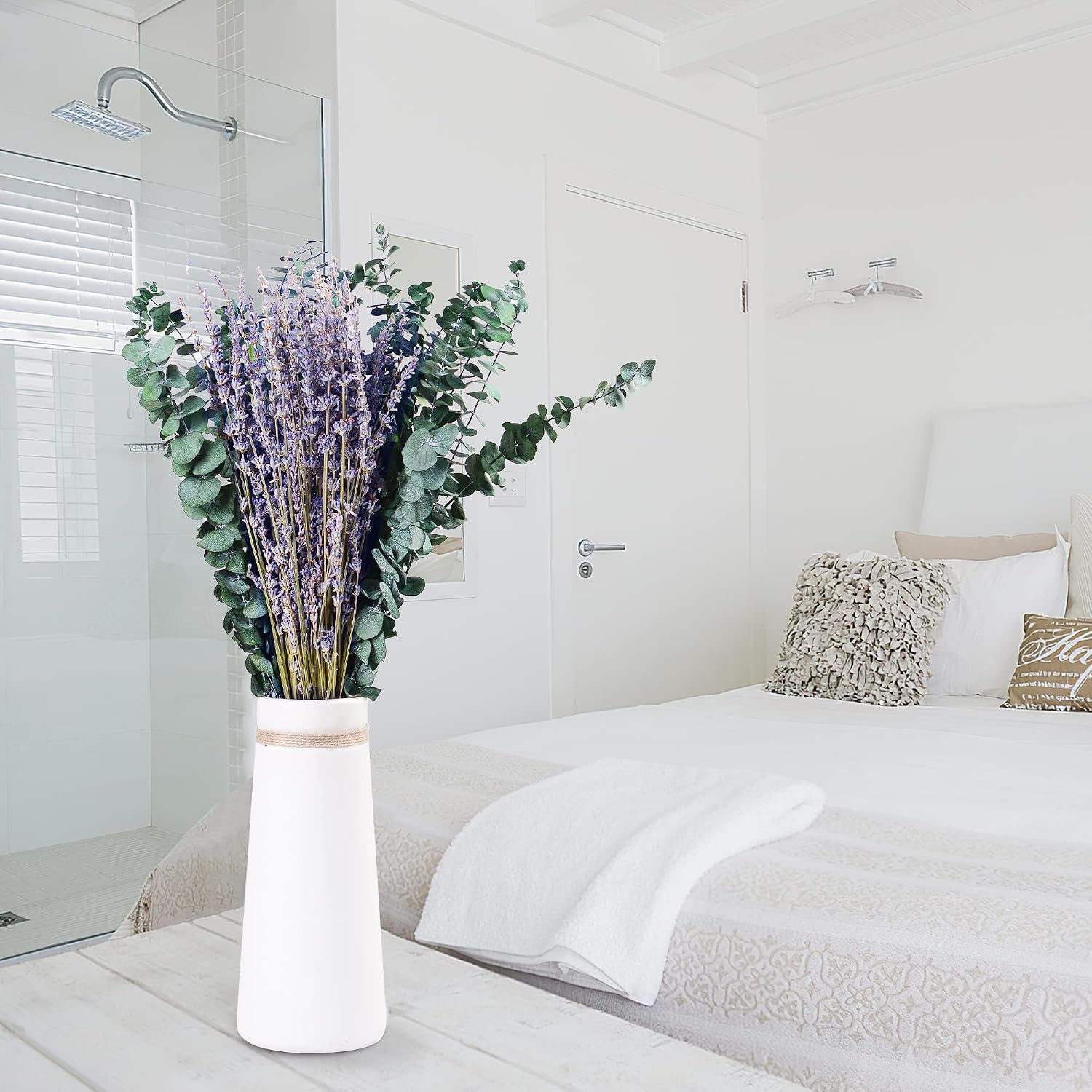 115 Pcs Eucalyptus Stems & Lavenders Flowers Bundles for Shower, 17'' Upgrade Hanging Shower Plant, Natural Real Eucalyptus Leaves Lavenders Stems with Chrysanthemums, Fragrant Bathroom Decor