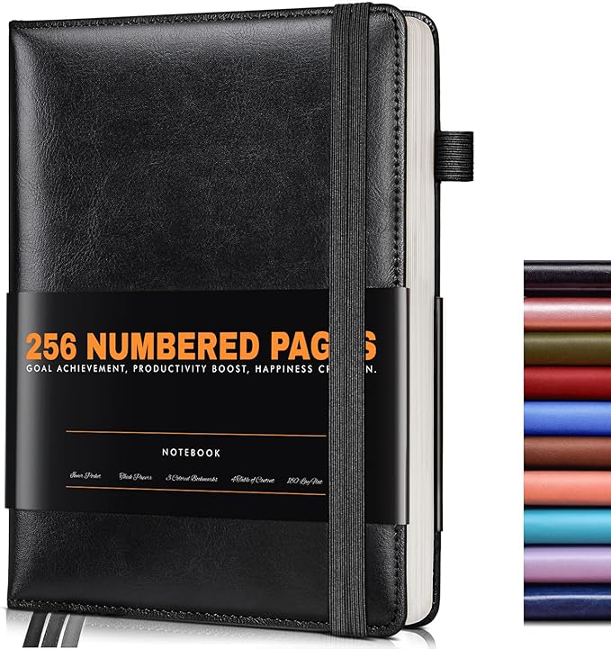 Lined Journal Notebook for Women Men, 256 Numbered Pages Hardcover Leather Journals for Writing, A5 Journaling Notebooks, College Ruled Journal for Business Work School Note Taking 5.75" x 8.38" Black