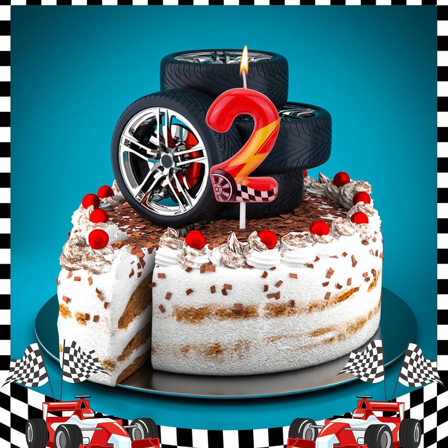Racing Cars Themed Birthday Candle, Red Racing Car Lightning Number Candle Perfect Cake Toppers and Birthday Anniversary and Theme Party Decoration Supplies(Number 2)