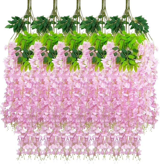 24 Pack Pink Wisteria Hanging Flowers Garland, 3.77 Feet Artificial Flower Vines, Fake Wisteria, Artificial Vines Hanging Garland for Backdrop Outdoor Yard Garden Decor
