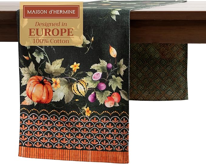 Maison d' Hermine Table Runner 100% Cotton Double Layer Table Runners 108 inches Long for Thanksgiving Christmas Decorations Home Kitchen Dining Wedding (Pumpkin Garden - Dark Green, 14.5" x 108")