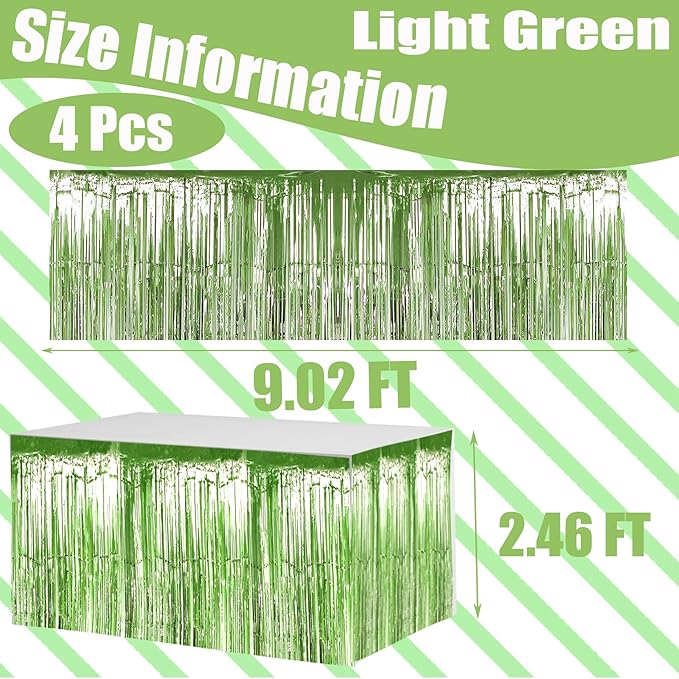 4 Pack 29x108 Inch Metallic Foil Fringe Tinsel Table Skirts for Rectangle Tables Streamer Backdrop for Wedding, Birthday, Parade Floats, Christmas, Halloween Party Decoration(Light Green)