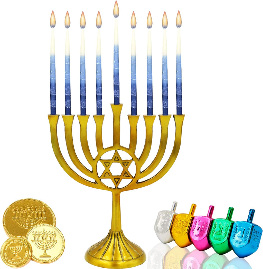 The Dreidel Company Dripless Premium Tapered Hand Decorated Multi Blue Frosted Hanukkah Candles, 45 Hanukkah Candles Premium Quality Wax, 1 Hour Burn Time