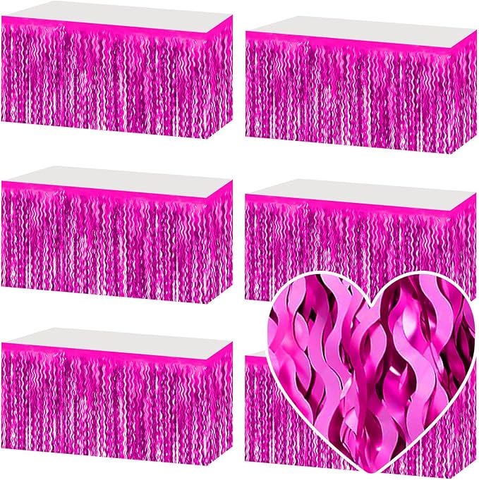 6 Pack 29x108 Inch Rose Red Wave Foil Fringe Table Skirts Metallic Banner for Tinsel Streamer Garland Backdrop for Parade Floats Wedding, Mother's Day, Birthday Mardi Gras Party Decorations