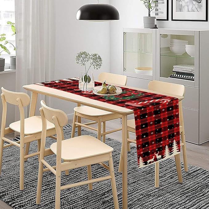 Christmas Table Runner, Red Winter Xmas Holiday Table Cloth Kitchen Dining Table Decoration for Home Party Decor 13x36 Inch