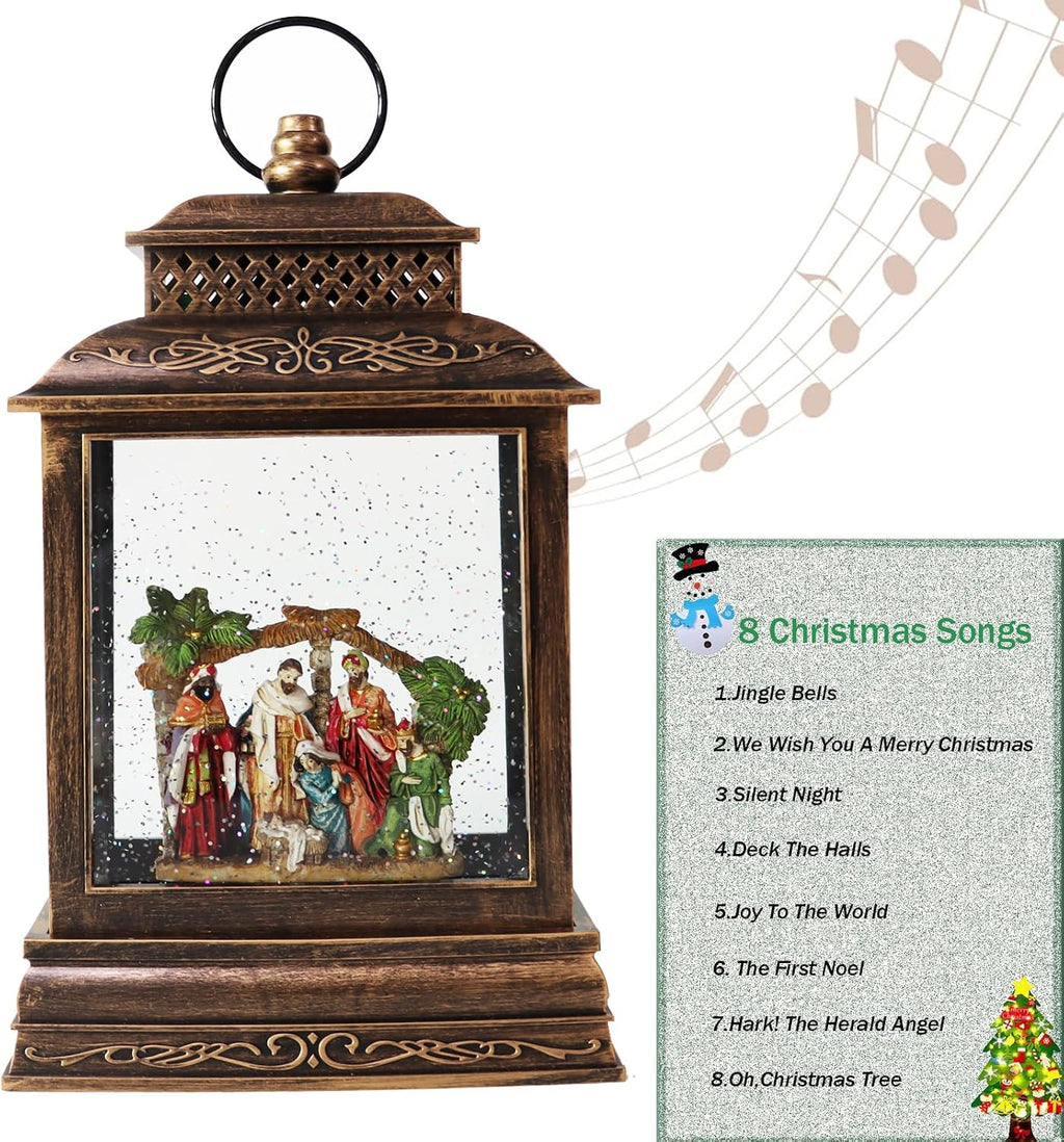 EYZH Christmas Nativity Snow Globe Lantern with 6 Hour Timer, Musical Lighted Nativity Scene Water Globes with Nativity Scene Indoor 11.75 inch USB Sparkling for Living Home,Bedroom Everyday Decor