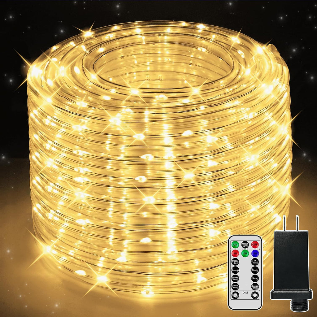 50ft LED Rope Lights with Remote, 300 LED IP68 Waterproof Rope Lights with Plug & Timer, Rope Lights for Outside, Indoor, Patio, Pool, Bedroom, Party, Indoor Decoration (Warm White)