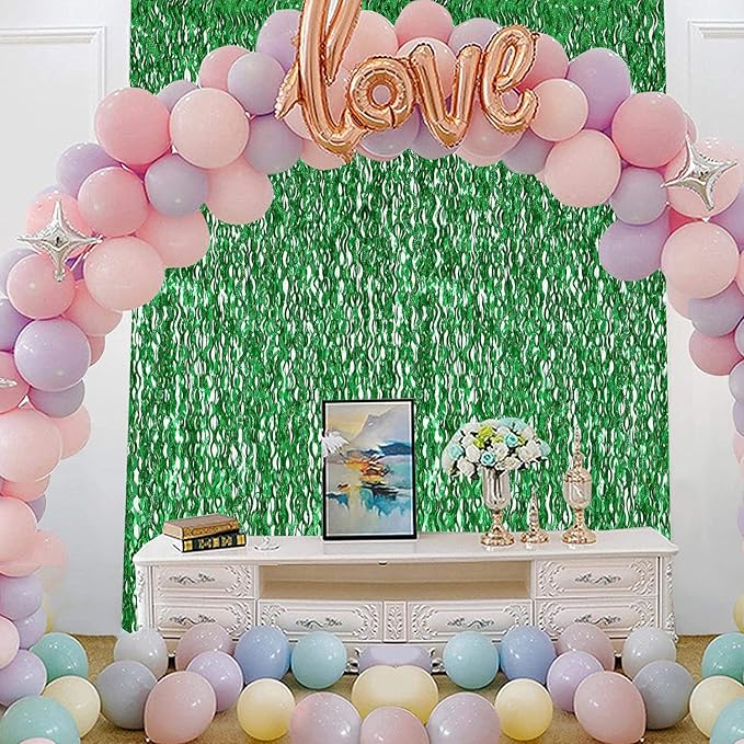 Green Foil Backdrop Curtain - CYLMFC 3 Pack 3.3 ft x 6.6 ft Birthday Streamers Party Curtains Decorations Backdrop Xmas Graduation Decor
