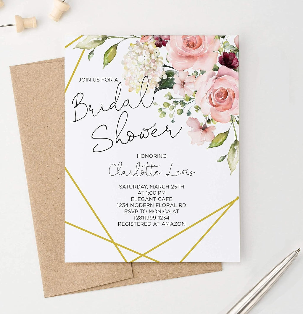 Modern Pink Paper Floral Bridal Shower Invitations, Elegant Bridal Shower Invitations, Your choice of Quantity and Envelope Color