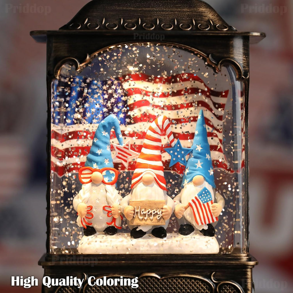 Priddop Gnome Snow Globe Lantern 4th of July Decorations with Timer, USB and Battery Powered 4th of July Shirts Patriotic Gnomes and American Flag Independence Day 10.2 inch