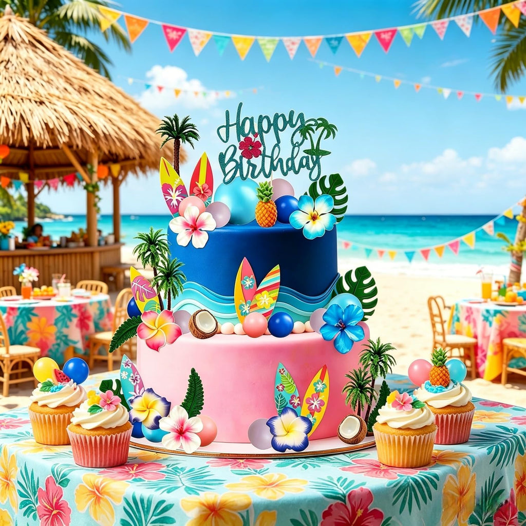 49 Pcs Hawaiian Cake Toppers, Summer Beach Cake Decoration with Surfs Flowers Leaves Coconut Trees Blue Pink Balls Cake Toppers for Birthday Party Supplies