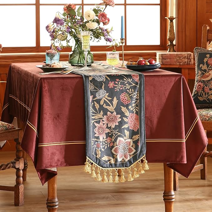 patdrea Designer Vintage Black Floral Velvet Table Runner 87 Inch Long, Pink Khaki Bouquets Pattern Table Mat, Decoration for Kitchen Dining Coffee Table Cabinet Banquet Thanksgiving,12"*87"