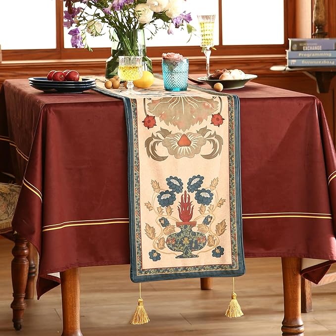 patdrea Designer Casual Wild Floral Velvet Table Runner 71 Inch Long, Brown Occult Bouquets Pattern Table Mat, Decoration for Kitchen Dining Coffee Table Cabinet Banquet Thanksgiving,12"*71"