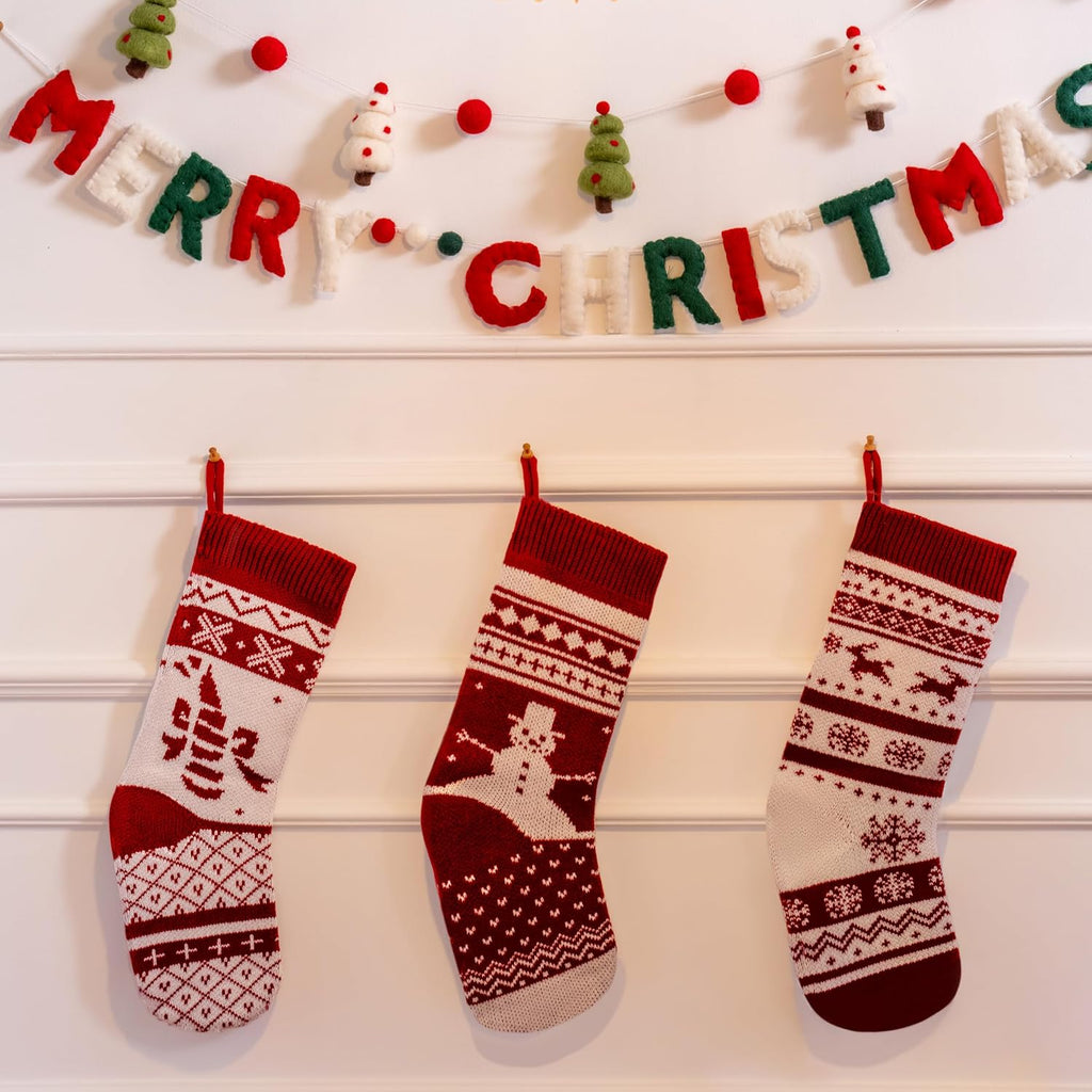 JOYIN 3 Pack 18" Knit Christmas Stockings, Burgundy/White Knitted Large Rustic Yarn Xmas Stockings, Snowflakes/Snowmen/Reindeers Character for Family Holiday Decorations, Wall, Staircase Decoration