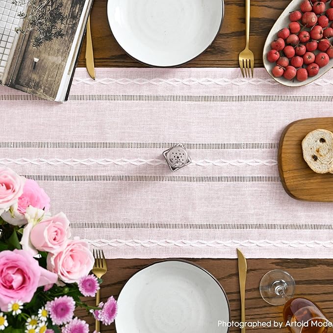 Artoid Mode Pink Rustic Cotton Linen Table Runner, Seasonal Embroidered Hollow Kitchen Dining Table Decoration for Home Party Decor 13x72 Inch