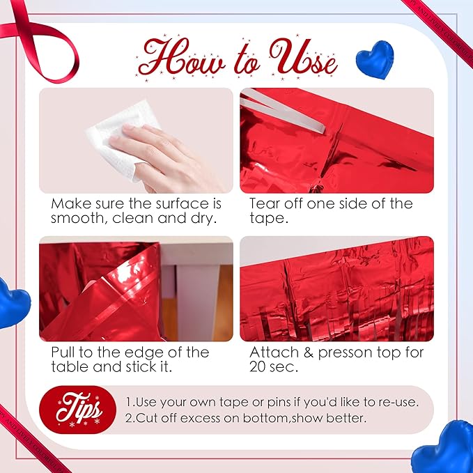 2 Pack Red Dark Blue Table Skirts, 29x108" Metallic Foil Tinsel Fringe Table Skirt for Rectangle Tables Streamer Curtains Backdrop, Party Decorations for Birthdays, Weddings, Holidays