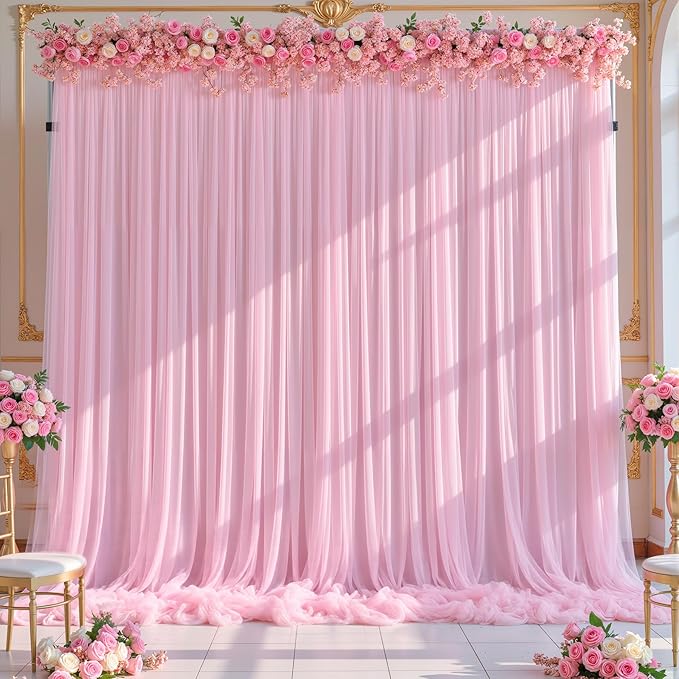 Baby Pink Tulle Backdrop Curtain for Parties Wedding,5ft x 10ft Wrinkle Free Curtain Backdrop,2 Layer Drapes for Backdrop,Polyester Back Drop for Bridal Shower Birthday Baby Shower Photography