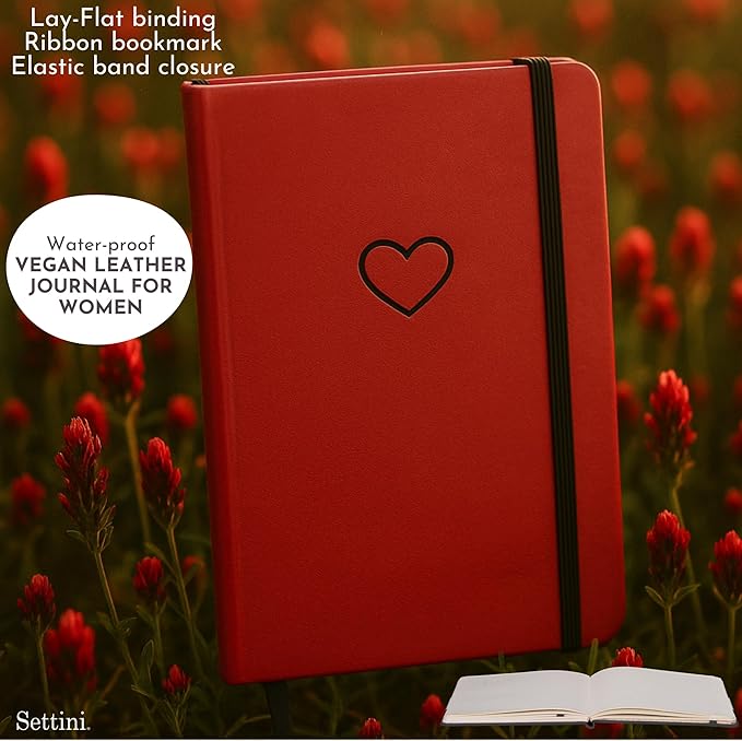 SETTINI Lined Journal, Ideal for Journaling - A5 Vegan Leather Notebook, 192 Archival-Quality Pages, QuillEase Bleed-Free Paper, Inner Pocket & Bookmark - Love Journal for Women, Red Heart