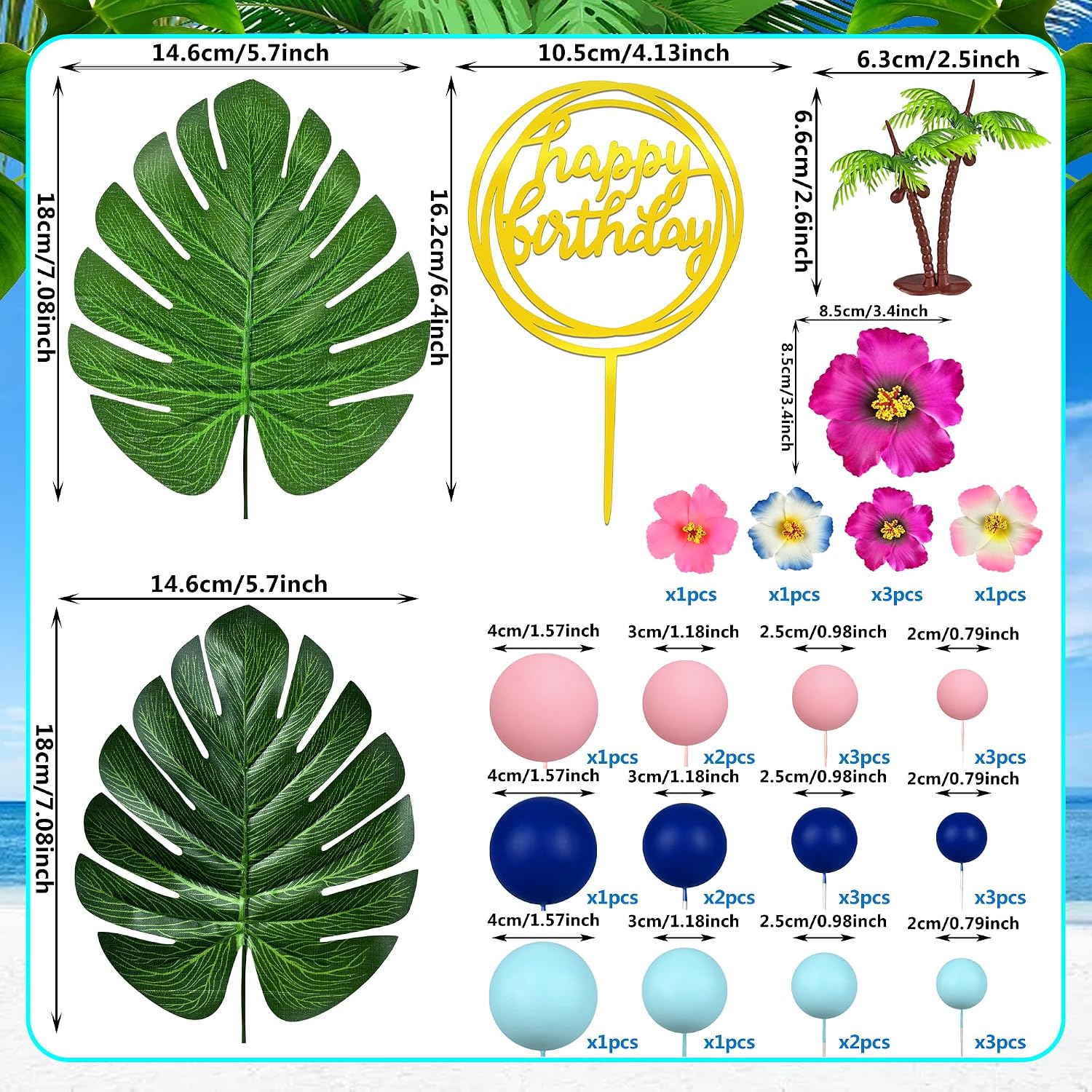 36pcs Hawaiian Flower Cake Decoration Tropical Cake Toppers with Palm Leaves and Summer Flowers Suitable for Summer Themed Birthday Themed Party Supplies (Blue Pink)
