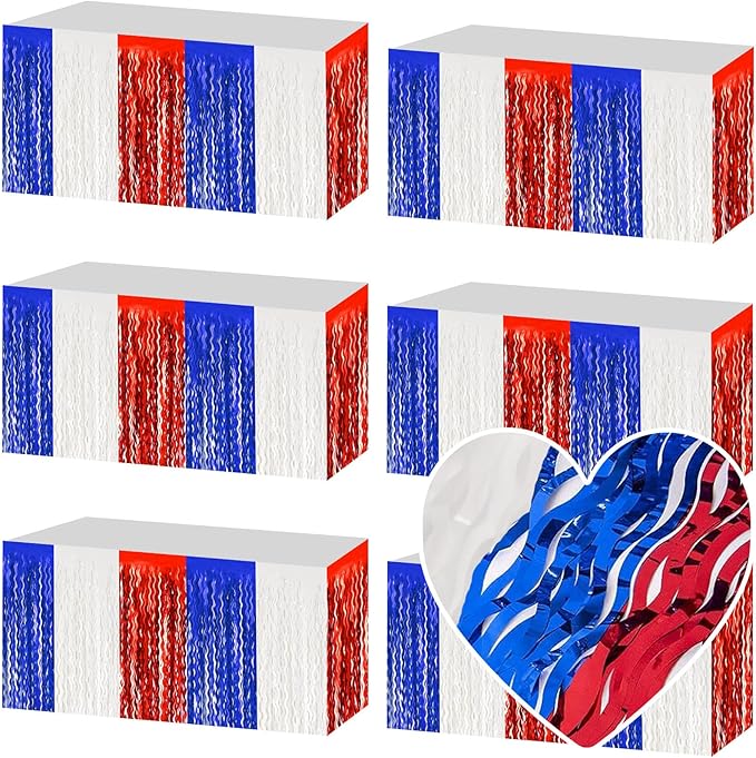 6 Pack 29x108 Inch White Blue Red Wave Foil Fringe Table Skirts Metallic Banner for Tinsel Streamer Garland Backdrop for Parade Floats Wedding, Mother's Day, Birthday Mardi Gras Party Decorations
