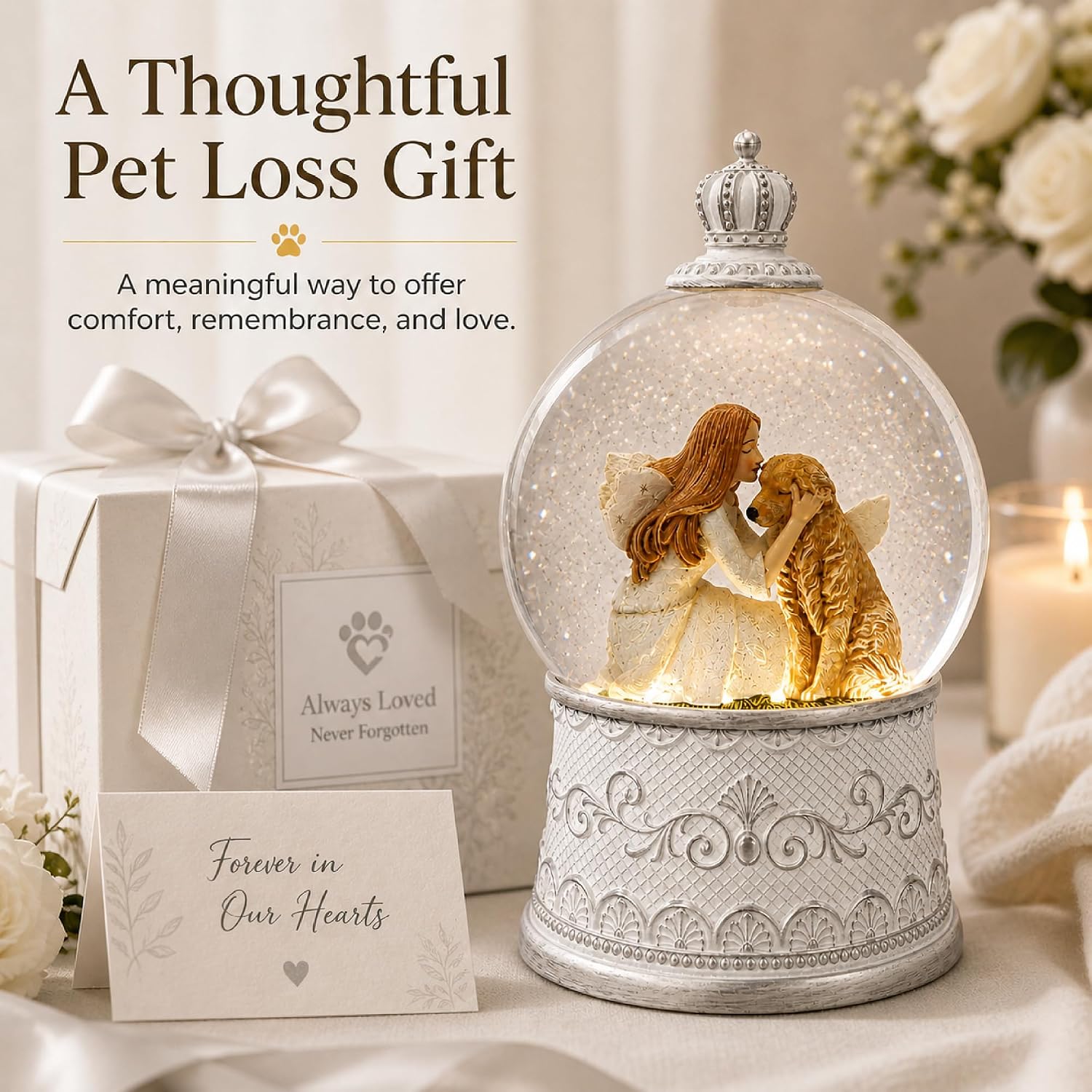Dog Memorial Gifts for Loss of Dog Sympathy Gift, Snow Globe with Auto Swirling Glitter & 6H Timer, Battery or USB Powered, Dog Passing Away Gifts for Home Decor