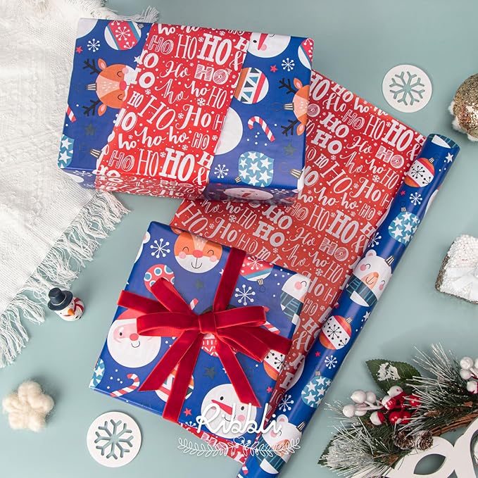 Ribbli Blue Christmas Wrapping Paper Reversible Cute Christmas elements Gift Wrapping Paper Rolls for Kids Holiday Presents Decoration-17 Inch x 33 Feet