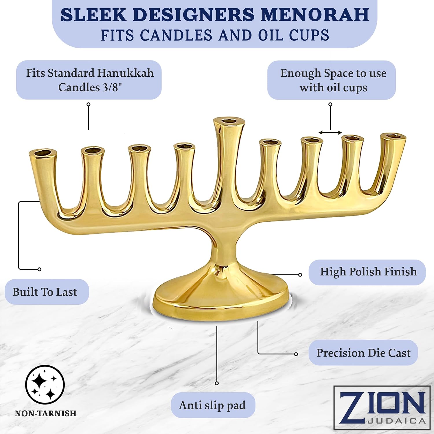 Zion Judaica Stunning Sleek Gold Designers Menorah for Hanukkah High Polished Traditional Candle and Oil Chanukiah Classic Gold Chanukah Minorah fits Candles or Oil Cups