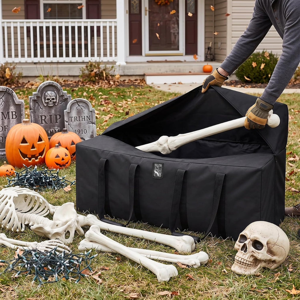 Klmnop 12ft Skeleton Storage Bag, Heavy Duty 600D Oxford Large Halloween Christmas Storage Bag with Zipper, Padded Handles & Label Pocket for 12 Foot Skeleton, Artificial Trees Holiday Decor(Black)