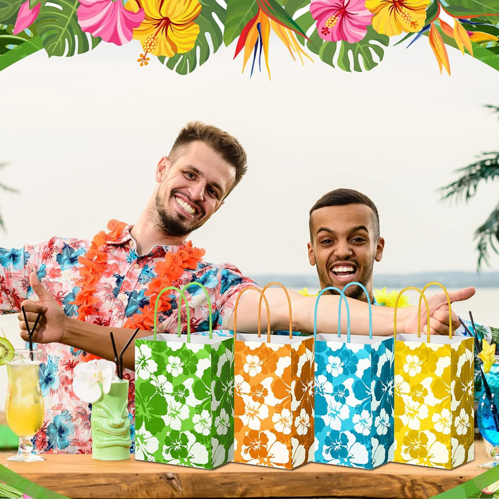 Teling 36 Pcs Hibiscus Party Favor Hawaiian Themed Paper Bags with Handles Summer Tropical Gift Tiki Luau Treat Hawaii Goodie Bags Kids Birthday Party Supplies Multicolor 8.3 x 6 x 3
