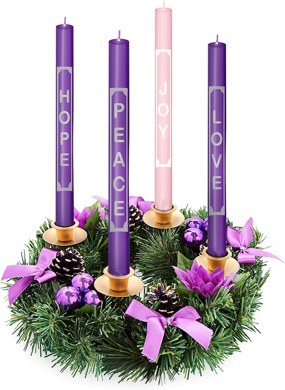 Advent Candles with Words Love, Peace, Hope, Joy On the Candles - Christmas Advent Candle Set of 4 for Advent Rings and Advent Wreaths- Premium Hand Made - Self Fitting End - for Church Advent Wreath