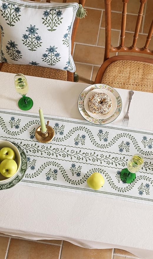 ISAENNE Designer White Elegant Linen Extra Long Table Runner 118 Inches,Chinoiserie Floral Decor Durable Table Runners for Dining Tables,Thanksgiving,Kitchen Tables,Christmas,12"*118"-Mosella D