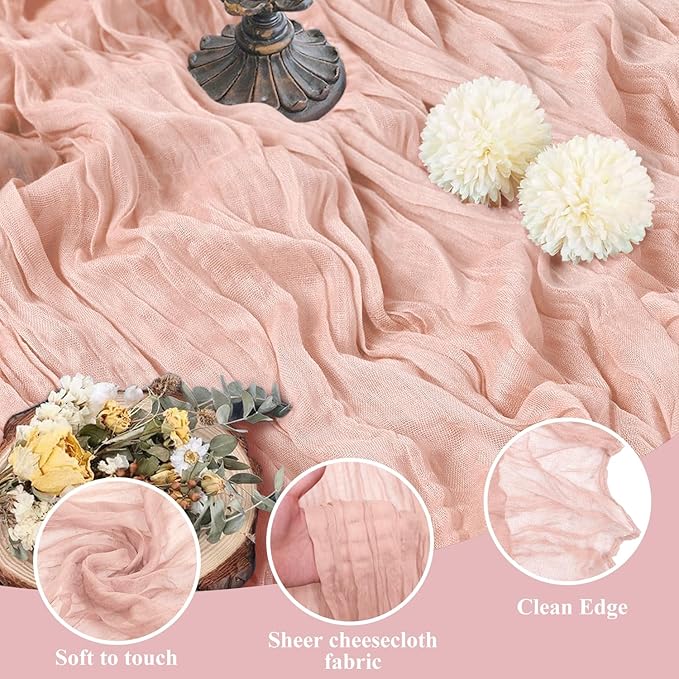 Asee'm 6PCS Table Runner Cheesecloth 10FT Dusty Pink Boho Gauze Fabric Rustic Sheer Cheese Cloth Runners for Wedding Bridal Shower Party