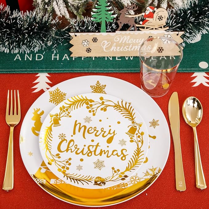 Supernal 150pcs Christmas Plates, Christmas Plastic Dinnerware include Gold Plastic Plates,Gold Plastic Silverware,Gold Plastic Cups, Christmas Party Plates for 25 Guests