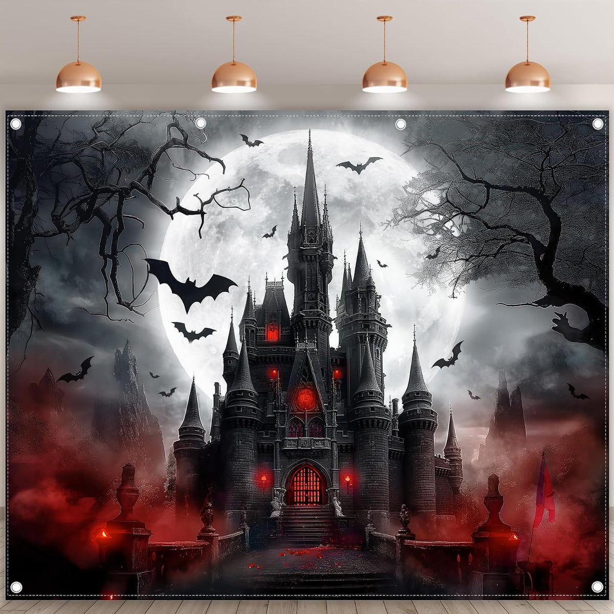 10x8ft Halloween Horror Castle Backdrop Full Moon Night Banner