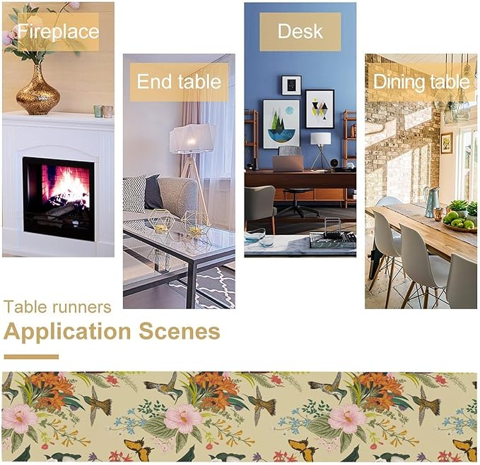 Brown Bird Floral Table Runner Spring Flower Kitchen Table Decoration Suitable for Family Dinner Decoration 13x70 Inch