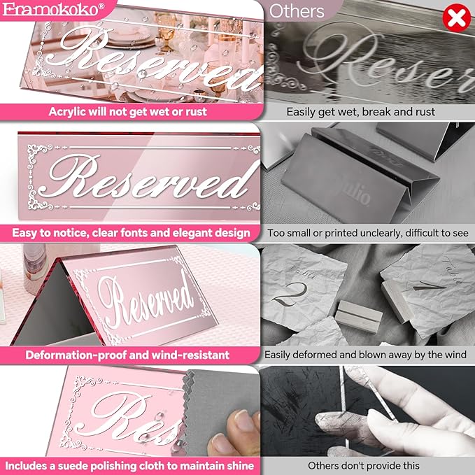 12 Pcs Mirrored Rose Gold Reserved Table Signs, 6" x 2" Double-Sided Letters, Acrylic Reserved Table Tent Signs with Suede Cloth for Wedding Restaurant Ceremony Banquet Parties