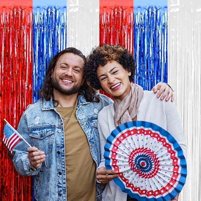 4 Pack Red Blue White Foil Fringe Curtain Backdrop, 3.28Ft x 8.2Ft Metallic Tinsel Foil Fringe Streamers Curtains for Photo Booth, Wedding, Mardi Gras, Birthday, Independence Day Party Decoration