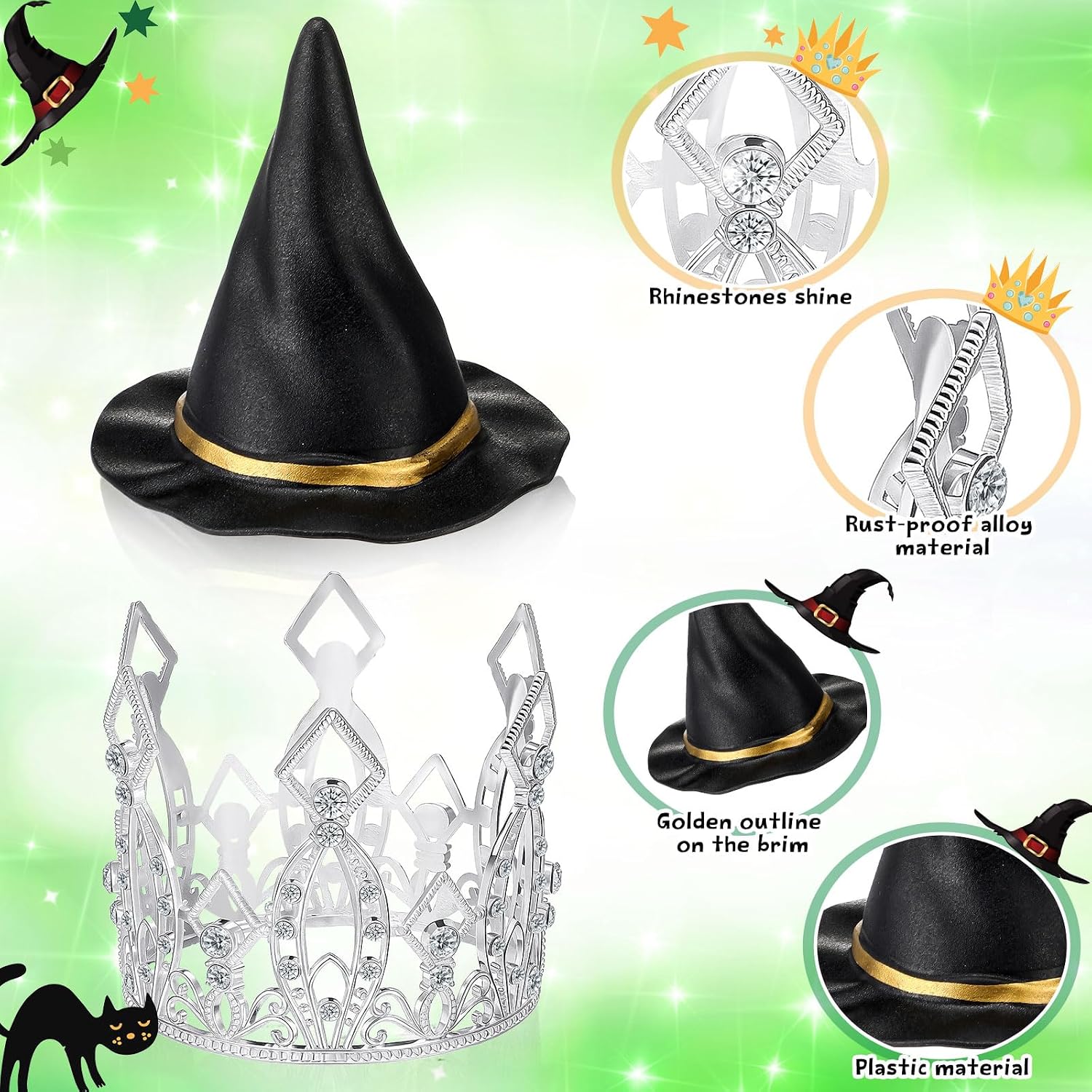 Reallnaive Witch Theme Party Cake Decoration Silver Crown Black Witch Hat Cake Topper Supplies for Movie Theme Party Princess Birthday Pink and Green Celebration Decoration(Rhombus Crown)