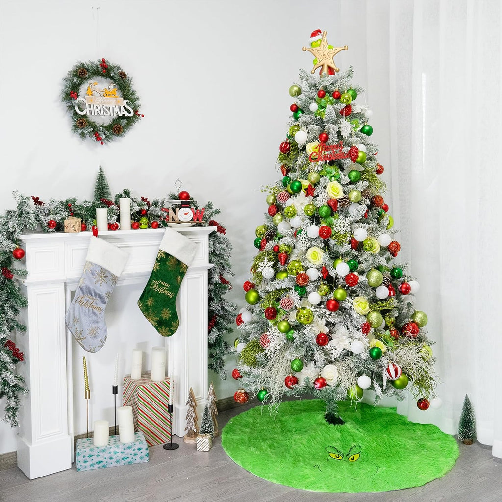 48 inch Green Christmas Tree Skirt, Plush Faux Fur Xmas Tree Skirt | Whimsical Funny Velvet Farmhouse Tree Skirt Decorations for 6-7 ft Tree Halloween Xmas Holiday Party