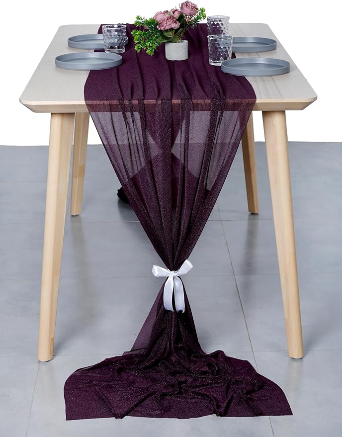 MDS Halloween Chiffon Table Runner - 12 Pack, 29 x 170 Inches, 14ft Each - Sheer Spooky Table Runners for Haunted House Parties, Trick-or-Treat Tables, Witchy Décor, Wedding & Events - Eggplant