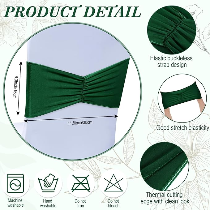 Moukeren 100 Pcs Spandex Chair Sashes Bows Bands Slider Sashes for Chair Covers Elastic Bands Ties Ribbon Decorations for Wedding Party Events Ceremony Birthday Banquet (Dark Green)
