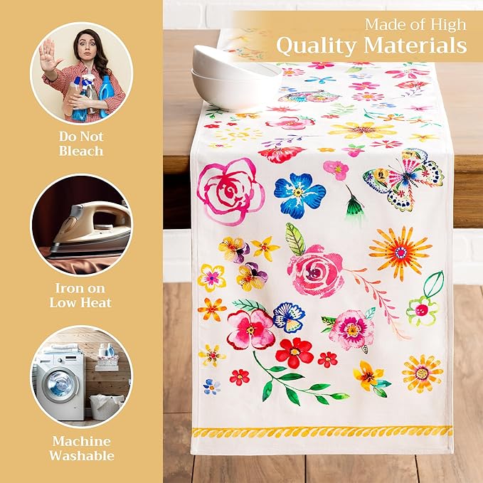 Maison d' Hermine Table Runner 100% Cotton Double Layer Table Runners 108 inches Long Decorative for Home Dining Party Wedding Bridal Shower Spring Summer (Happy Florals - Sweety, 14.50" x 108")