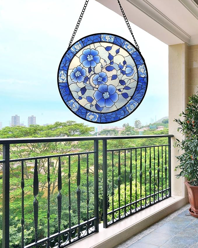 Stained Glass Window Hanging, Blue and White Plum Blossom Sun Catcher for Door Home Decor Flowers Suncatcher Christmas Mother's Day Birthday Gifts for Women Men Mom and Nana 6.3 in