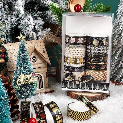 18 Rolls Christmas Washi Tape Holiday Masking Tape Black Christmas Wrapping Tape Glod Silver Foil Decorative Tape for Christmas Scrapbook Journal DIY Craft Gift Wrapping（Xmas Black