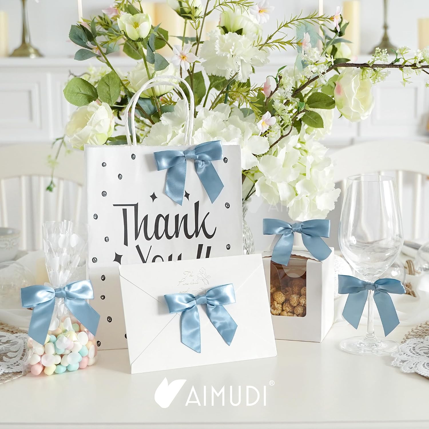 AIMUDI Dusty Blue Satin Ribbon Bows 3.5" Pre-Tied Twist Tie Bows for Treat Bags Gift Wrapping Cake Pop Goodie Bags Party Wedding Baby Shower Favor - 50 PCs