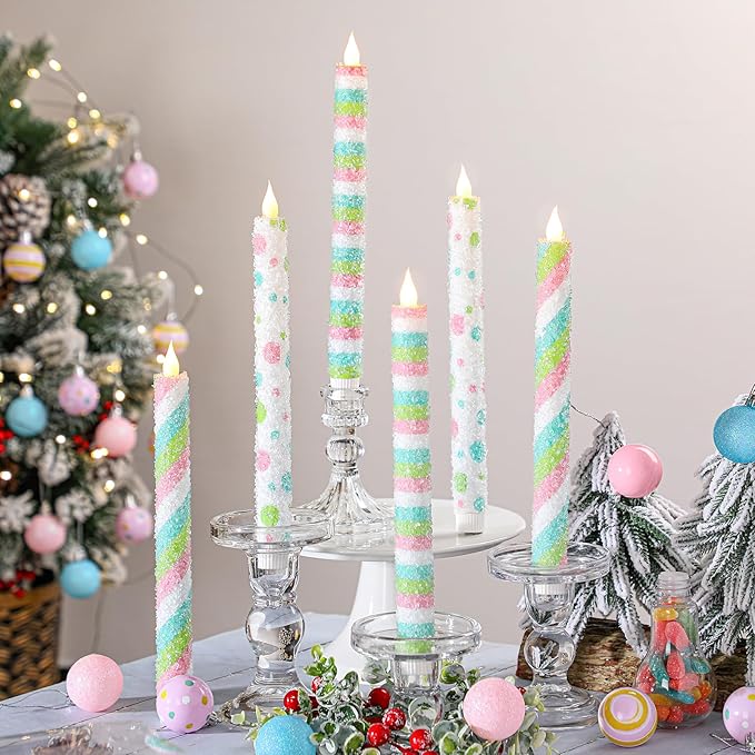 Baquler 6 Pcs Candy Theme Flameless Taper Candles 10.6 Inch Colorful Candy Strip and Polka Dots Candles Battery Operated LED Christmas Candlesticks for Xmas Centerpiece Holiday Party Home Decor